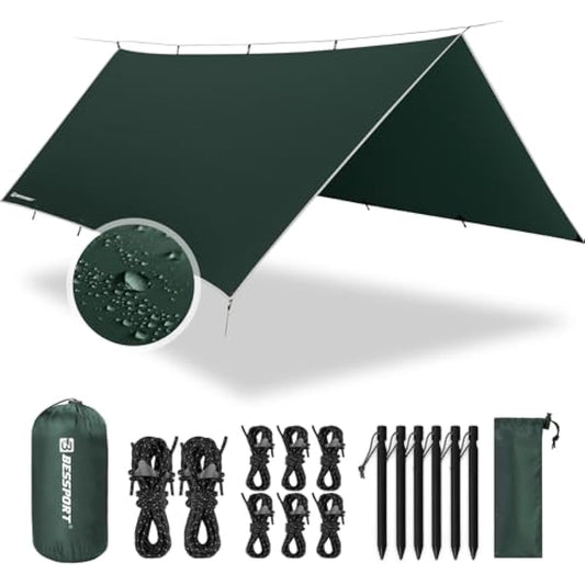 Bessport Camping Tent Tarp 3m x 3m/3m x 4m Waterproof PU3000 mm with Eyelets & 6 Aluminium Stakes & 8 Nylon Ropes, Anti-UV Suitable for Camping, Picnic, Hammock
