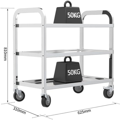 TAIMIKO Stainless Steel Utility Cart - 3-Tier Kitchen Trolley, Restaurants Serving Trolley with Locking Wheels, For Garage, Restaurants, Hotels, Size: 625x315xH800mm