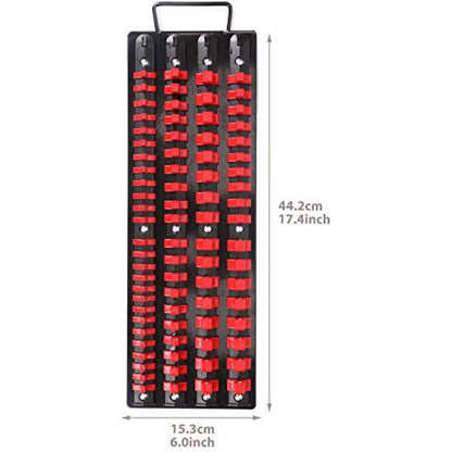 CASOMAN 80-Piece Portable Socket Organizer Tray, 1/4-Inch, 3/8-Inch, 1/2-Inch Tool Trays, Heavy Duty Socket Organizers Rack, Black Rails with Red Socket Holders