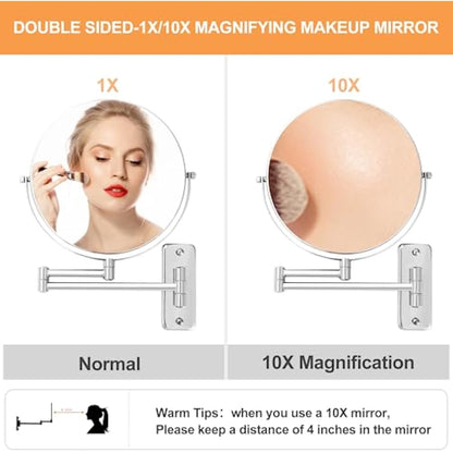 FFowcye 8" Wall Mounted Makeup Shaving Mirror - 1X/10X Double-Sided Magnifying Bathroom Vanity Mirror, 360° Swivel Extendable with Adjustable Arm, Chrome Finish for Makeup (No Light)