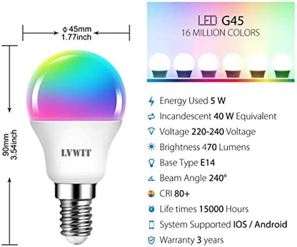 LVWIT E14 Smart Bulb,P45 RGB Golf Ball Smart Light Bulb,470Lm,5W Replace 40 Watt,WiFi LED Light Bulbs Dimmable Compatible with Alexa,Echo and Google Assistant,Tuya(Pack of 6)