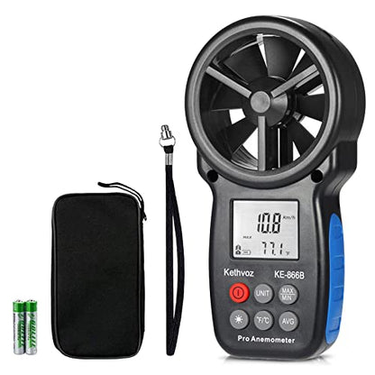 Digital Wind Speed Anemometer Handheld, Kethvoz Windspeed Gauge with Wind Chill Sensor to Measure Air Flow Velocity Temp w/MAX/MIN/AVG, for Drone Fly Climbing Windsurfing Sailing HVAC KE-866B