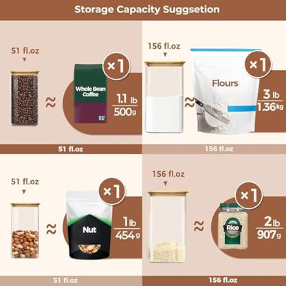 ComSaf Glass Pantry Storage Containers, 156/51 oz Large Square Flour and Sugar Containers with Airtight Lids, Gallon Glass Jars with Bamboo Lids for Rice, Pasta, Cookies, Coffee Beans
