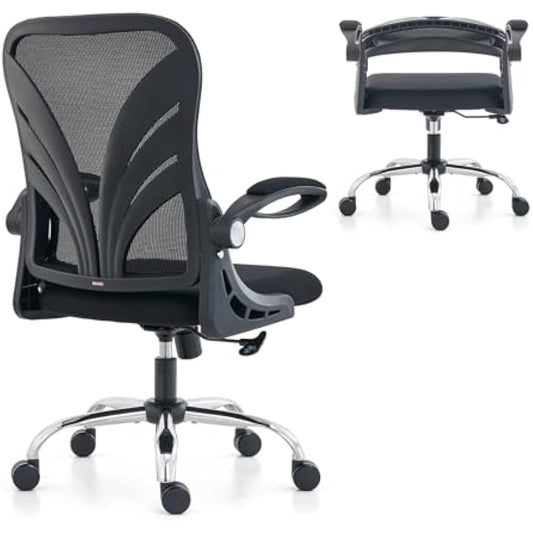 HOLLUDLE Ergonomic Office Chair with Foldable Backrest, Computer Desk Chair with Flip-up Armrests, Mesh Lumbar Support and Tilt Function Big and Tall Office Chair, Black