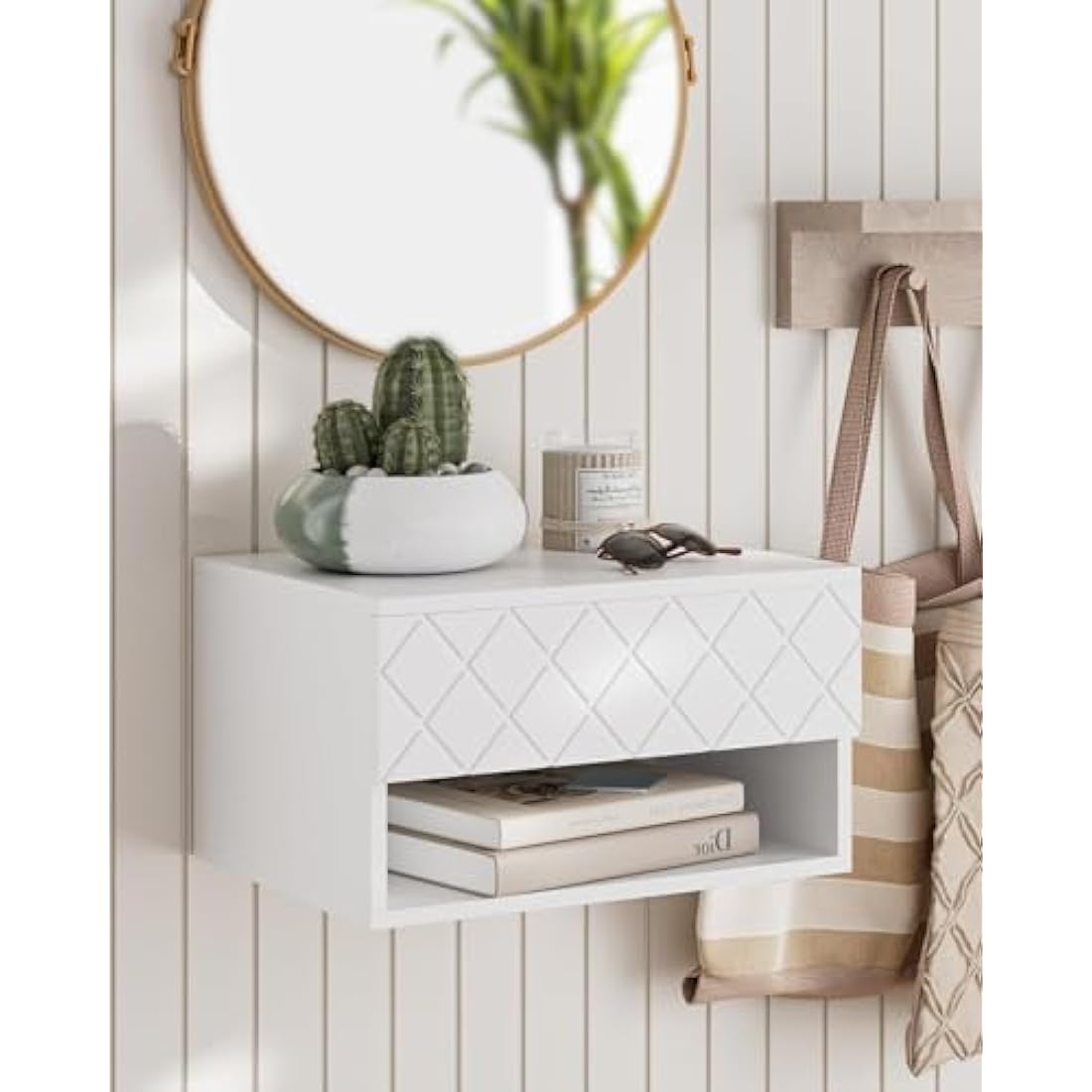 HEYZOEY Floating Bedside Table, Small Modern Nightstand With Drawer, Shelves for Bedroom, Bathroom, White Diamond