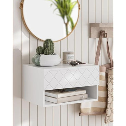 HEYZOEY Floating Bedside Table, Small Modern Nightstand With Drawer, Shelves for Bedroom, Bathroom, White Diamond