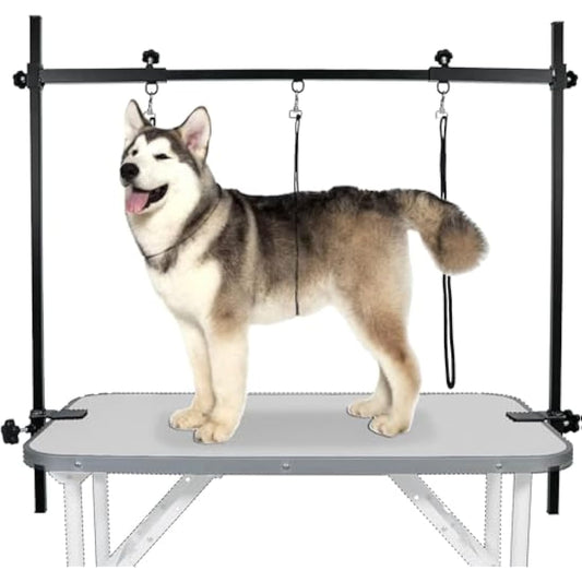 LEIBOU Dog Grooming Arm H-Shape Pet Dog Grooming Table Arm with 3 Noose and Clamp for Dogs and Cats Heavy Duty Aluminum Alloy Frame with 35.4” Adjustable Height and 36.2” ~ 50” Adjustable Width
