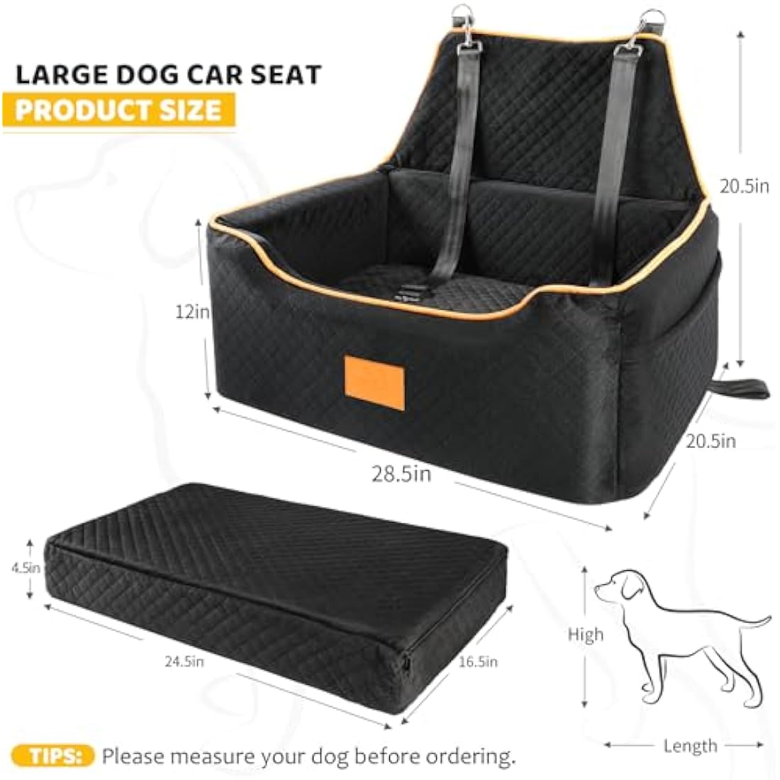 GL GLENSLAVE Dog Car Seat for Large/Medium Dogs, Dog Booster Seat for Pet Under 55Lbs or 2 Small, Detachable and Washable Travel Pet Bed with Thick Cushion and Storage Pockets (Black)