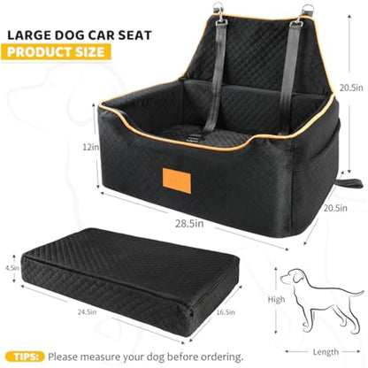 GL GLENSLAVE Dog Car Seat for Large/Medium Dogs, Dog Booster Seat for Pet Under 55Lbs or 2 Small, Detachable and Washable Travel Pet Bed with Thick Cushion and Storage Pockets (Black)