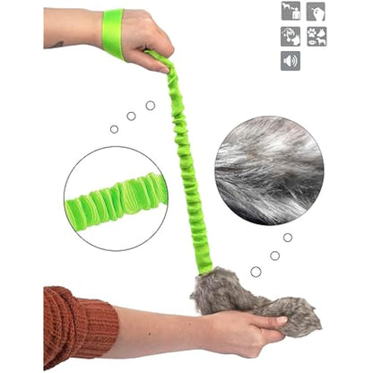 DINGO Fleece Dog Toy Artificial Fur Racer Squeaky Teaser Dog Wand 55 cm Long Bungee Handle for Agility, Dog Training, Reward, Retrieve, Chasing, Play Green 15584-2 , Pack of 1
