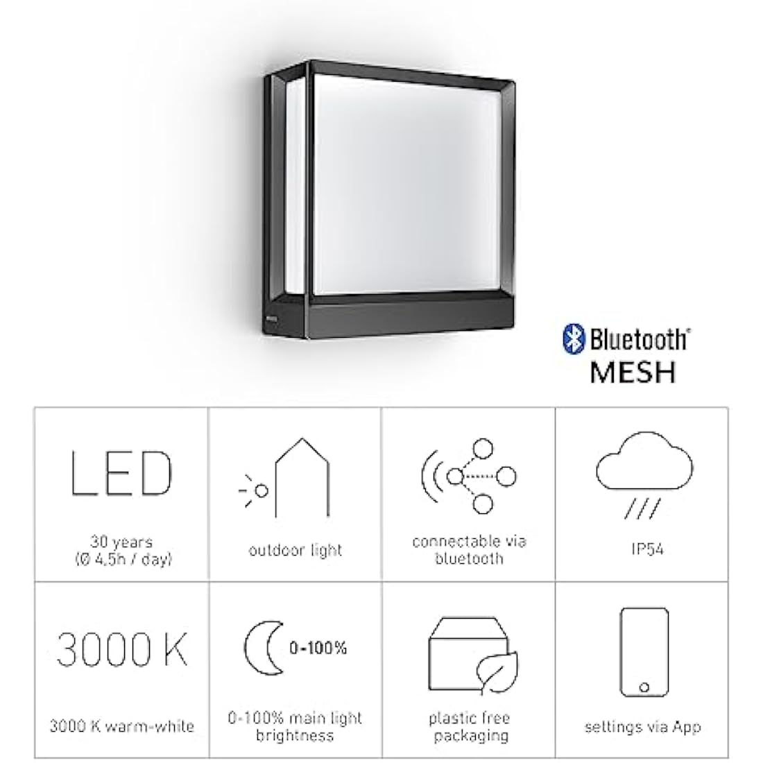 STEINEL Smart LED Outdoor Wall Light L 40 C, dimmable Outdoor Light, Warm White, Remote Control via App, Aluminium