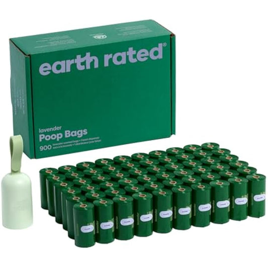 Earth Rated Dog Poo Bag Holder with Dog Poo Bags Rolls, Durable and Guaranteed Leakproof, Lavender Scented, 1 Dispenser and 900 Bags