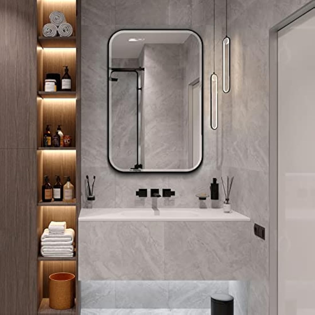 Fundin Plastic Mirror Cabinet, Beveled Edge Mirror Door with Round Corner Metal Frame, Recessed and Surface Mount, Black,40 X 61 CM