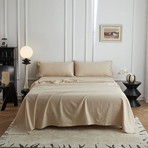 Simple&Opulence Double Flat Sheet,55% Linen 45% Cotton Luxury Cool Bed Sheet,Super Soft and Easy Care Flat Top Sheet,228 x 255 cm, Linen/Beige