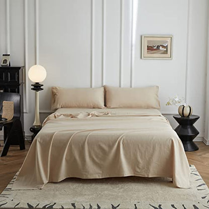 Simple&Opulence Double Flat Sheet,55% Linen 45% Cotton Luxury Cool Bed Sheet,Super Soft and Easy Care Flat Top Sheet,228 x 255 cm, Linen/Beige