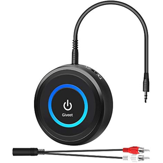 Giveet Bluetooth V5.3 Transmitter Receiver for TV, 2-in-1 Wireless Transmitter Adapter for TV Airplane PC MP3 Gym, Bluetooth Receiver for Wired Speakers Headphones, No Delay, Pair 2 Devices, 16 Hours