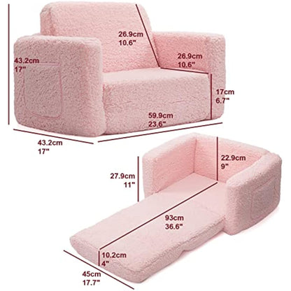 BEJOY Kids Sofa Bed 2-in-1 Flip Out Cuddly Sherpa Toddler Couch Convertible Sofa to Lounger Children Sofa Bed Children's Day and Birthday Gift for Girls Boys, Pink