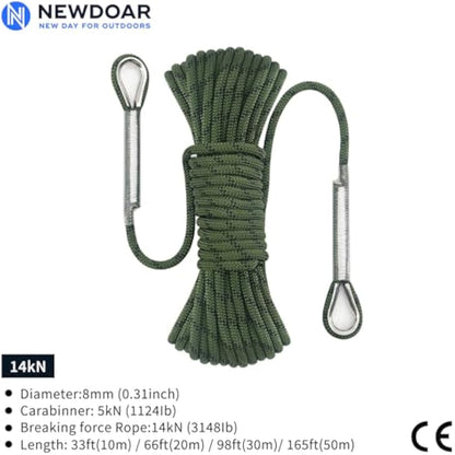 NewDoar 14KN Static Climbing Rope 8mm Accessory Cord Equipment 33FT(10M) 66FT(20M) 98FT(30M) 165FT(50M) Escape Rope with 2 Carabiners for Ice Climbing Fire Rescue Rope Safety Rope