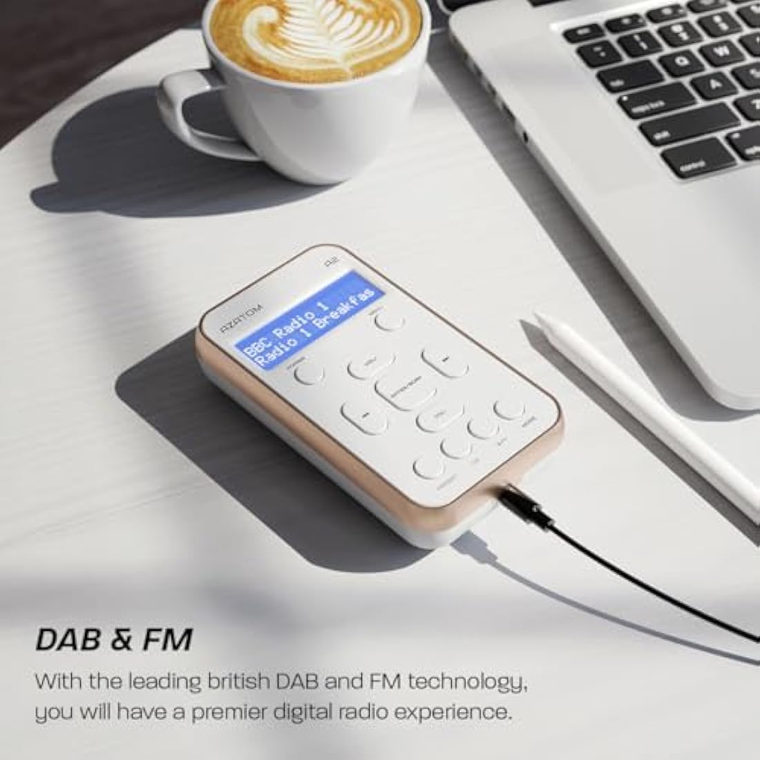 Portable DAB/DAB+ & FM Digital Radio | Sports Earphones Included | Clear Digital Display | Rechargeable Battery (10-12 Hours) | Perfect for Sports, Hiking or Working | AZATOM A2 (White/Rose Gold)