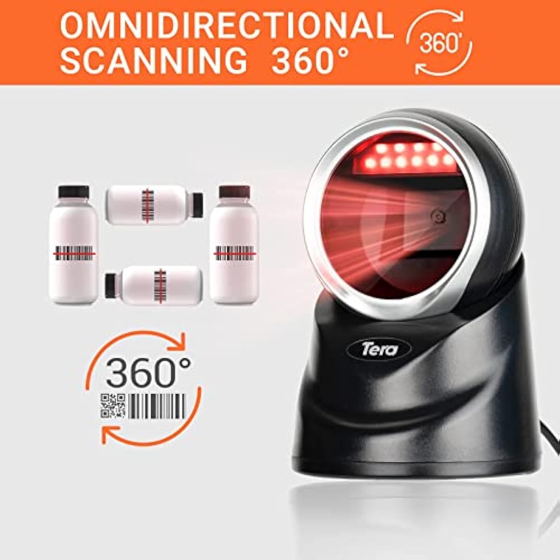 Tera Pro 2D QR Desktop Barcode Scanner Omnidirectional Adjustable Scan Head, USB Wired Handsfree Platform Automatic Bar Code Reader for Market Retail Store Phone Screen Payment, 9100