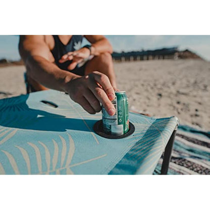 Neso Portable Beach Table with Cup Holders, Cell Phone Pockets, Lightweight for Picnics and Parks (Aqua Fronds)