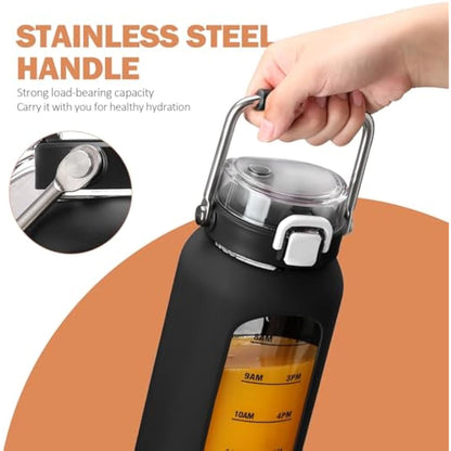 BLUEGO 2000ml Borosilicate Glass Water Bottle with Stainless Handle and Time Marker 2L Drinking Bottle with Silicone Sleeve and Straw for Gym Office Outdoor Sports Water Bottles BPA Free, Black