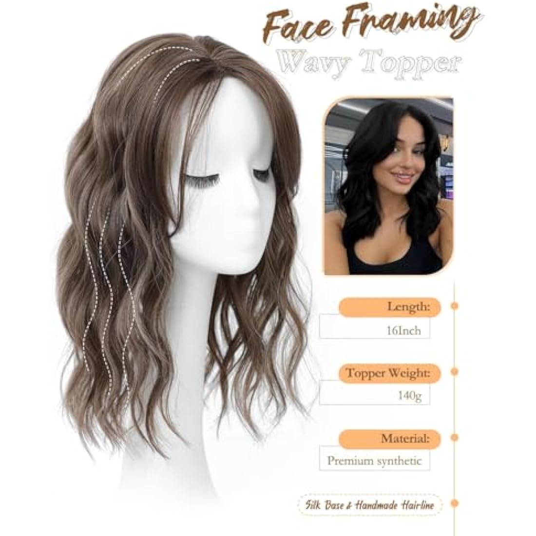 MORICHY 16Inch Wavy Curly Fringe Clip in Hair Topper - Add Volume & Thickness for Women (Brown Highlights)