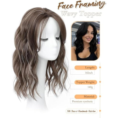 MORICHY 16Inch Wavy Curly Fringe Clip in Hair Topper - Add Volume & Thickness for Women (Brown Highlights)