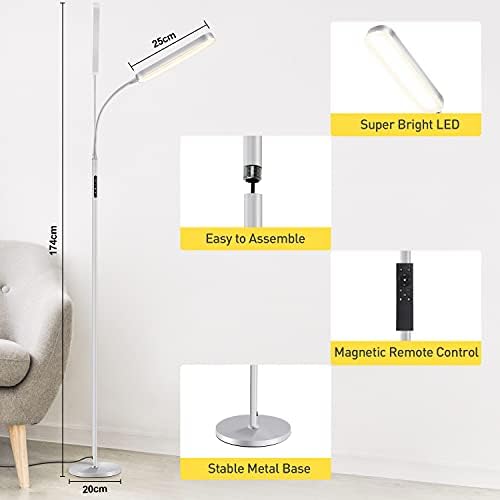 OUTON LED Floor Lamp 15W 1500LM, Dimmable Adjustable Modern Standing Lamp with 4 Color Temperature, Remote & Touch Control, 1 Hour Timer for Reading Living Room Bedroom Office Sewing (Silver Grey)