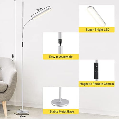 OUTON LED Floor Lamp 15W 1500LM, Dimmable Adjustable Modern Standing Lamp with 4 Color Temperature, Remote & Touch Control, 1 Hour Timer for Reading Living Room Bedroom Office Sewing (Silver Grey)