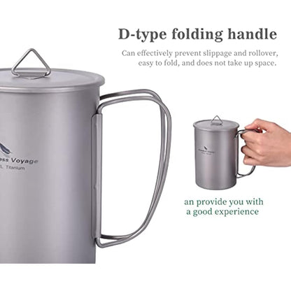 iBasingo 1050ml Titanium Bottle with 600ml Nesting Cup Outdoor Camping Single Layer Wide Mouth Cookware Lightweight Portable Big Capacity Bottle Mug Set Hiking Picnic Solo Cooking Mess Kit Ti3007D