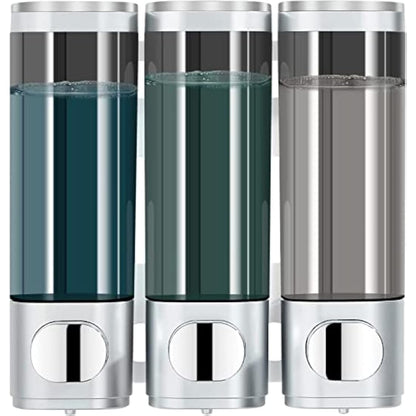 modunful Shampoo and Conditioner Dispenser, Shower Dispenser 3 Chamber No Drill Shampoo Dispenser for Shower Wall Mounted Conditioner Body Wash Liquid Soap for Bathroom,Large Capacity,Silver