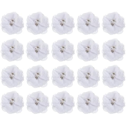 sourcing map Artificial Rhinestone Chiffon Flower Heads, White Faux Flowers 2 Inch for DIY Craft Wedding and Party Decoration Pack of 20