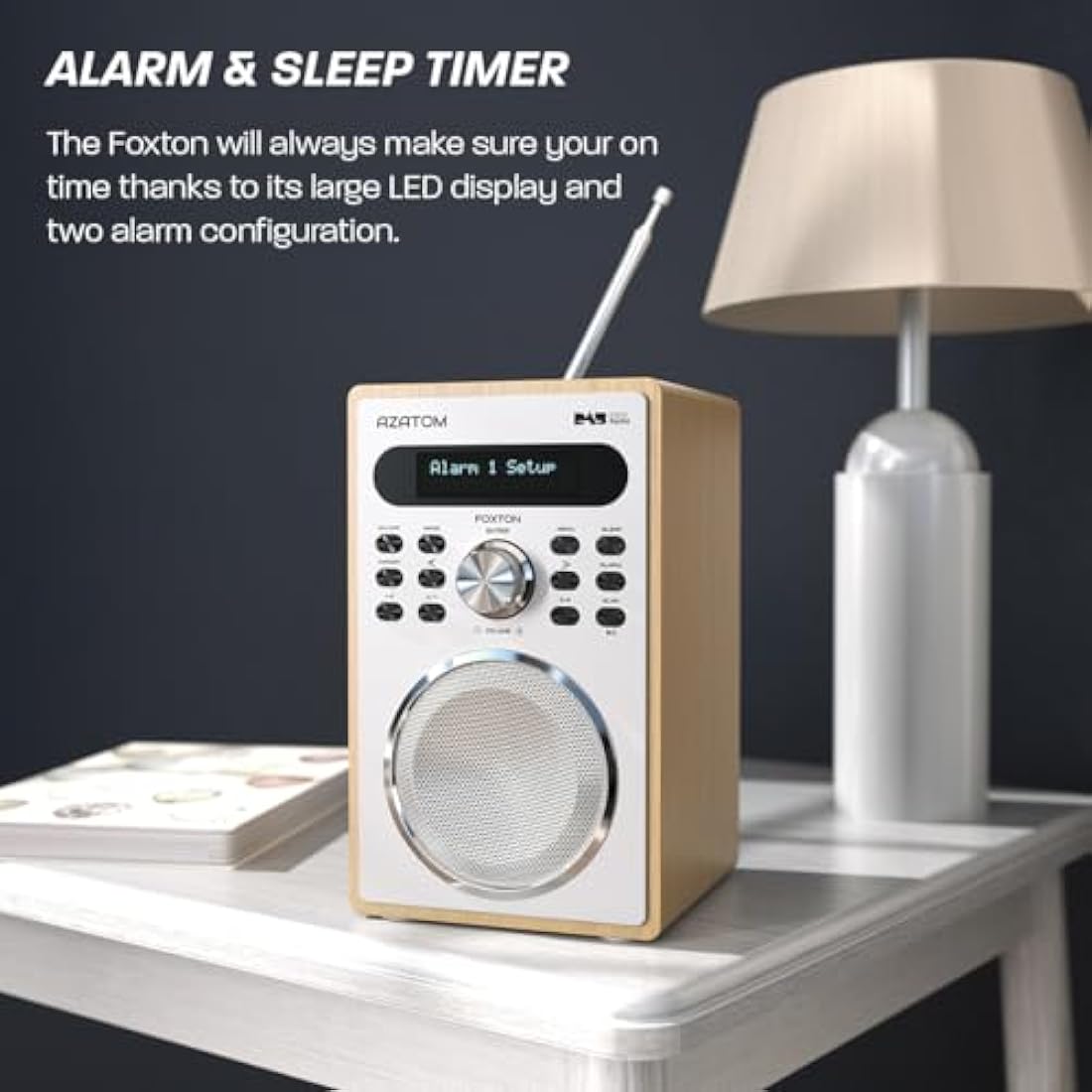 DAB/DAB+ & FM Digital Radio | Simple Controls | Dual Alarms & Sleep Timer | Mains Powered | Bluetooth | USB Device Charging | Perfect for Home, Office or Outdoors | AZATOM Foxton FX2 (Oak)