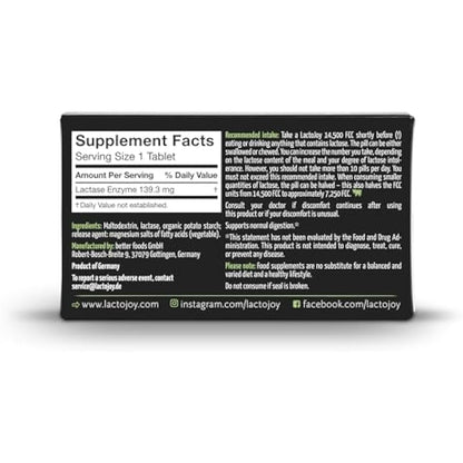 LactoJoy Lactase Tablets | Helps with Lactose Intolerance | Contains 45 Pcs. of Extra-Strength Dose (14,500 FCC) Lactase Enzyme Tablets | 100% Vegan | Supports The Lactose Digestion