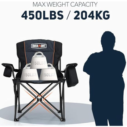 OVERMONT 204kg Oversized Camping Folding Chair for Adults with Cooler Bag & Carry Bag-Heavy Duty Lawn Chair with Cup Holder Support 450 LBS with High Back Comfy for Garden Picnic Beach