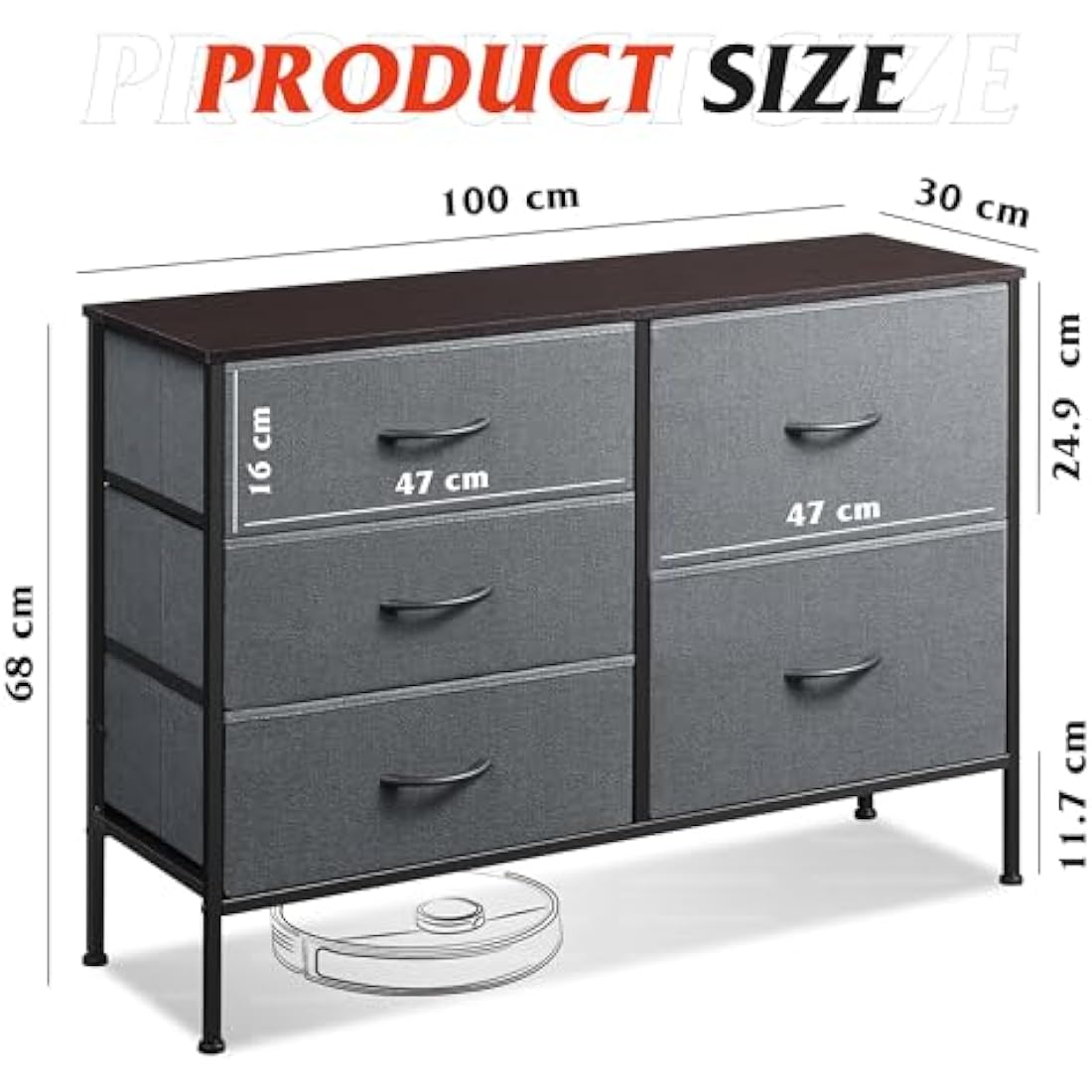 WLIVE Chest of Drawers, 5 Fabric Drawers Cabinet with Easy Pull Handle, Wood Top and Sturdy Steel Frame, Fabric Drawers Storage Unit for Bedroom, Living Room, Black Walnut