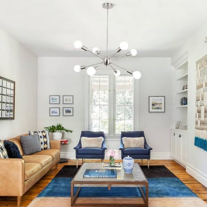 ASHUAQI Nickel Sputnik Ceiling Light, 8-Light Mid-Century Modern Chandelier, E27 Dimmable, 40 cm (L) x 16 cm (W) x 16 cm (H), Living Room, Dining Room, Bedroom, Hallway