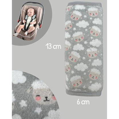 HECKBO 2x Harness Cushions Sheep & Clouds – Soft Strap Pads for Car Seat & Carrier – Boys & Girls