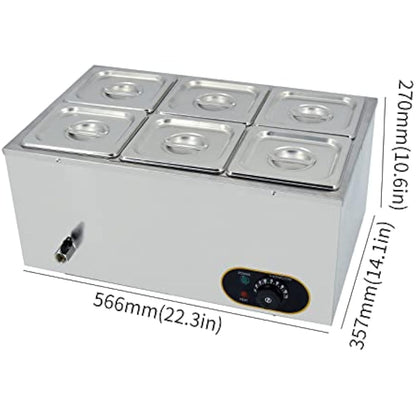 Commercial Food Warmer Stainless Steel Bain Marie Buffet Warmer 1500W, Temperature Range 30-85 °C, GN 1/6 Containers -150mm x6 Pans with Lids, Drain Tap