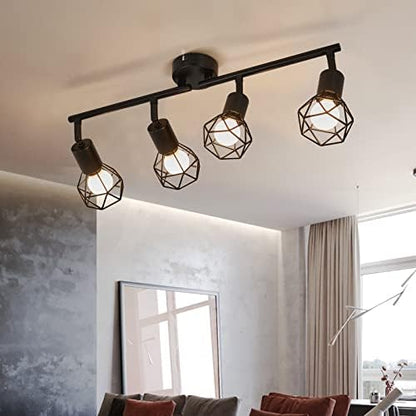 Spotlight Fitting, Retro Rotatable Ceiling Spotlight, Black Metal Iron Lampshade Ceiling Light, Adjustable Lamp for 4 E14 Bulb, Suitable for Living Room Bedroom Kitchen Loft Hallway