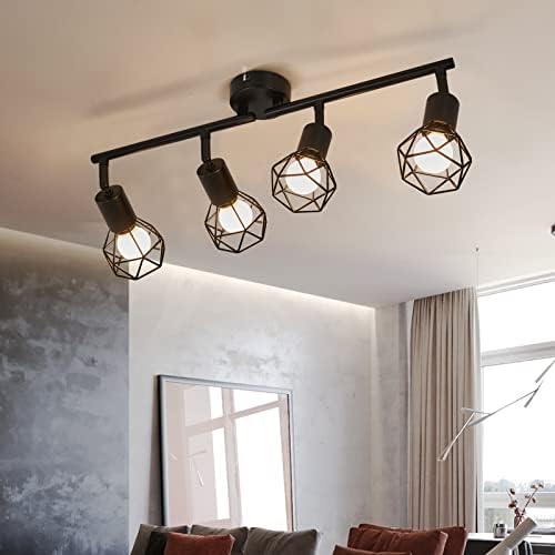 Spotlight Fitting, Retro Rotatable Ceiling Spotlight, Black Metal Iron Lampshade Ceiling Light, Adjustable Lamp for 4 E14 Bulb, Suitable for Living Room Bedroom Kitchen Loft Hallway
