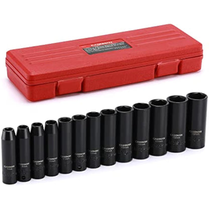 CASOMAN 3/8-Inch Drive Impact Socket Set, 6-Point, Metric, Deep, CR-V, 7mm to 19mm, 13 Piece Set