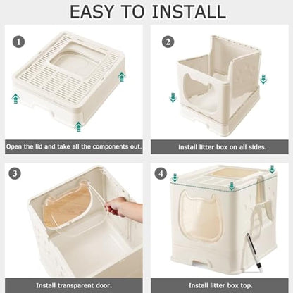 Pawsayes Cat Litter Tray Litter box with Lid for Medium and Small Cats, Foldable Top Entry Kitten Litter Box with Drawer Pan and Scoop