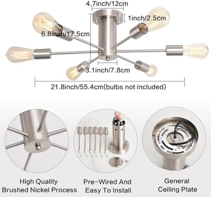 MRHYSWD Sputnik Ceiling Light Nickel Modern Light Fittings Ceilings, 6 Lights Vintage Ceiling Lamp Industrial Ceiling Lights Living Room Bedroom Kitchen Hallway Bath, Without E27 Bulbs