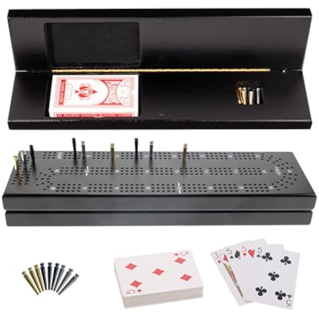 WE Games Cribbage Board With Pegs - Travel Board with 9 Metal Pegs & Playing Cards for Fun Family Game Night, Black Stained