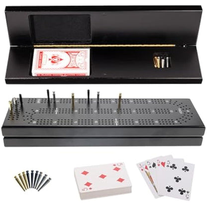 WE Games Cribbage Board With Pegs - Travel Board with 9 Metal Pegs & Playing Cards for Fun Family Game Night, Black Stained