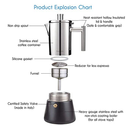 Easyworkz Diego Stovetop Espresso Maker Stainless Steel Italian Coffee Machine Maker 6cup 300ml Induction Moka Pot