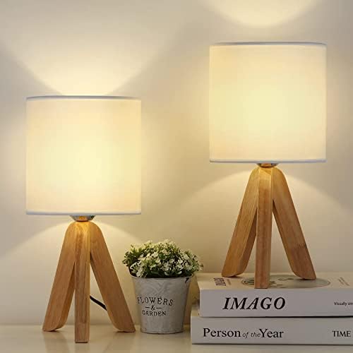 UOMIO Wooden Tripod Lamps Set of 2 Tripod Table Lamps with Wooden Base and Fabric Shade Lights Small Bedside Lamps for Warm Atmosphere Bed Room Living Room Decoration