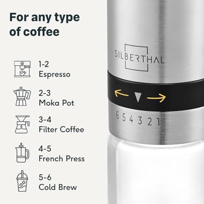 SILBERTHAL Manual Coffee Grinder – Stainless Steel – 6 Adjustable Levels – Portable Coffee Bean Grinder – with Storage Container and Cleaning Brush